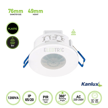 The KANLUX PIR Motion Movement Sensor is made from durable plastic, featuring a diameter of 76mm and a height of 49mm. It has an impressive sensor range of 8 meters and supports up to 1200VA in power capacity. The sensor offers an IP rating of IP65/20, provides full coverage with a 360° working angle, and is compatible with AC systems ranging from 220-240V.