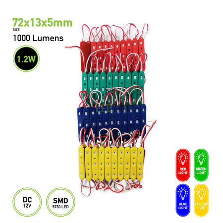 A range of vibrant LED modules, featuring Eledtric's SMD 5730 LED Injection Modules in red, green, blue, and yellow, are systematically arranged in rows. These modules have a size specification of 72x13x5mm, deliver 1000 lumens, operate at 1.2W with DC 12V power input. Icons denote the available light colors.