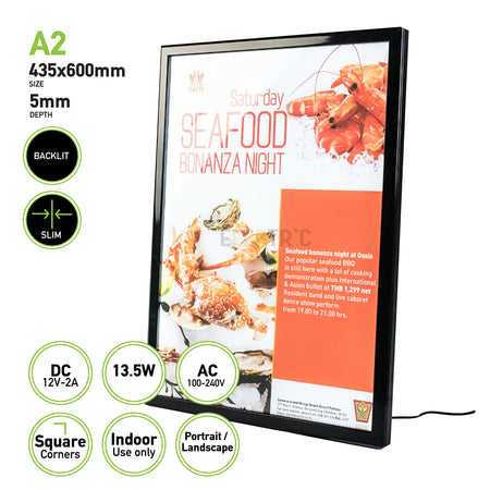 Eledtric - LED Light Box A2 Black Slim Advertising Wall Mounted Restaurant Menu Board Backlit Poster Display