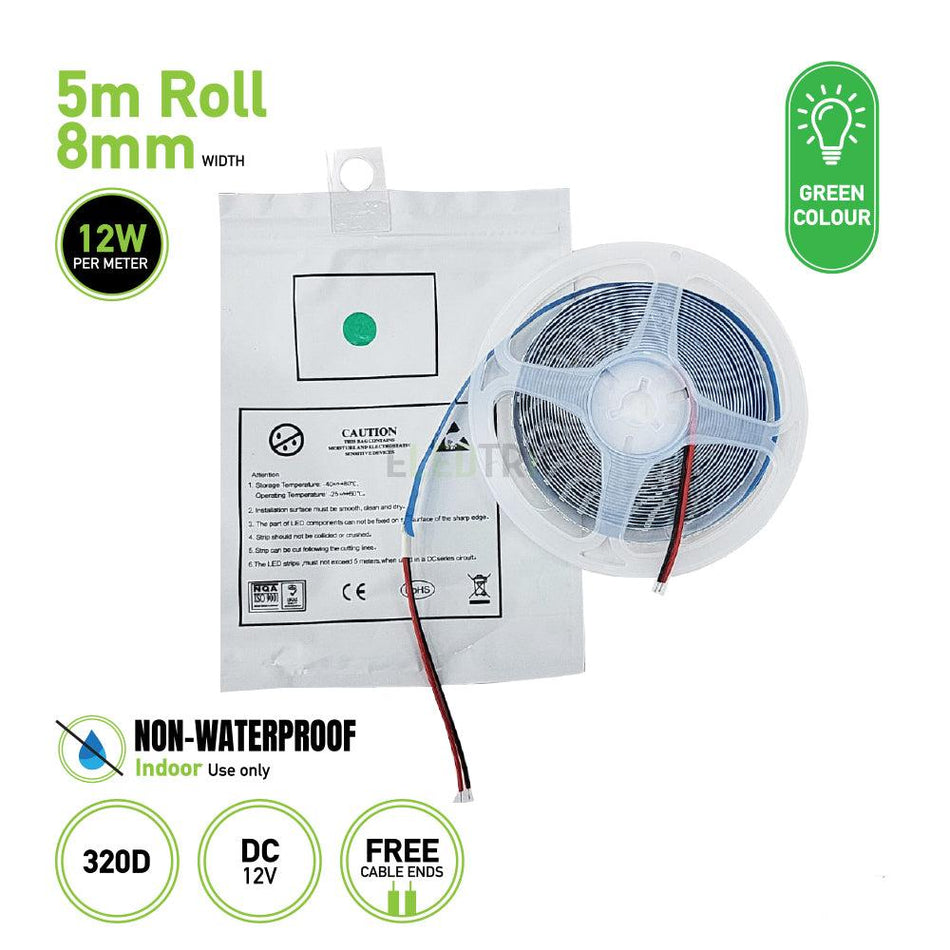 COB LOW VOLTAGE LIGHT STRIP 12V 8mm - 320D Green 5M ROLL