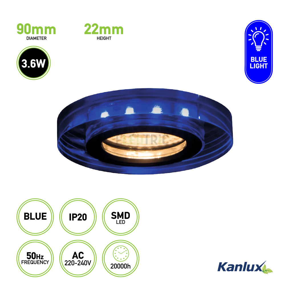 The Ceiling-mounted Decorative LED Fitting Circle Spotlight Blue by KANLUX is a circular light fixture with a blue finish, measuring 90mm in diameter and 22mm in height. It features SMD LED technology with a power consumption of 3.6W and has a lifespan of 20,000 hours. Designed for ceiling spotlight applications, it operates on 220-240V AC at 50Hz and has an IP20 rating.