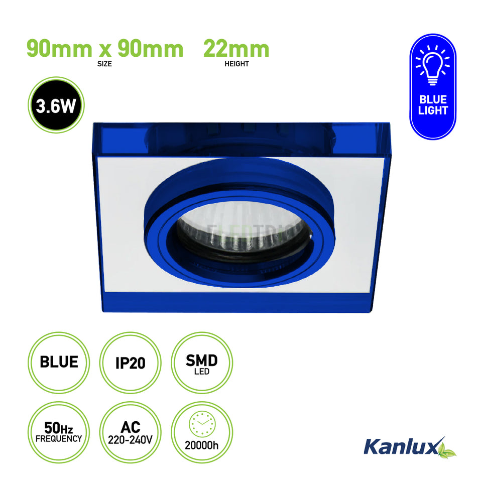 This image showcases a KANLUX Ceiling-mounted Decorative LED Fitting Square Spotlight in Blue, resembling a sleek decorative LED spotlight. It features dimensions of 90mm x 90mm and a height of 22mm. With a power rating of 3.6W and an IP20 rating, its SMD LED ensures brilliance. It operates on AC 220-240V at a frequency of 50Hz with a lifespan that reaches up to 20,000 hours.