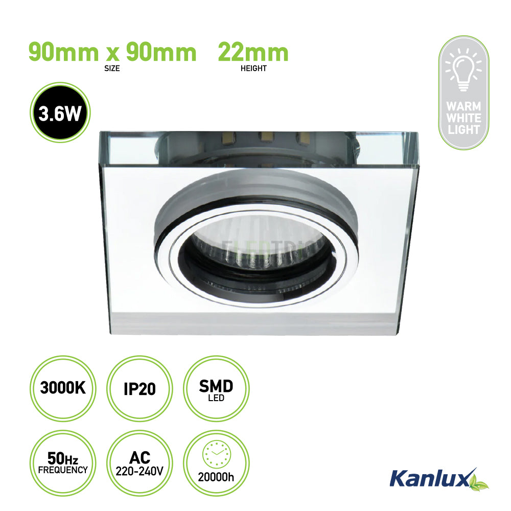 Enhance your chic interiors with the Ceiling-mounted Decorative LED Fitting Square Spotlight WW by KANLUX, featuring a chrome finish and a 3.6W SMD LED. This fixture provides warm white light at a cozy 3000K color temperature, measures 90mm x 90mm with a height of 22mm, and boasts an impressive lifespan of 20,000 hours.