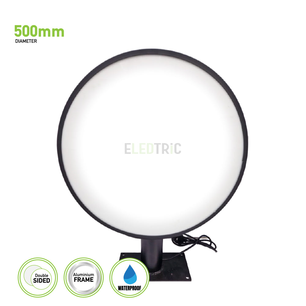 Introducing the Circular Double Sided Illuminated LED Outdoor Projection Light Box by Eledtric, available in black or white. This round lightbox boasts a 500mm diameter with a sturdy aluminum frame, making it ideal for outdoor environments. Its innovative design highlights its waterproof attributes and robust build, ensuring lasting performance.
