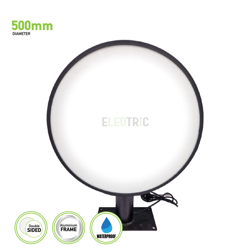 Introducing the Circular Double Sided Illuminated LED Outdoor Projection Light Box by Eledtric, available in black or white. This round lightbox boasts a 500mm diameter with a sturdy aluminum frame, making it ideal for outdoor environments. Its innovative design highlights its waterproof attributes and robust build, ensuring lasting performance.