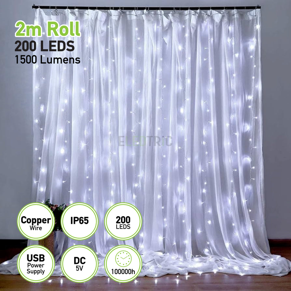 Displayed is a 2-meter roll of Eledtric's Color Changing Curtain String USB Strip Lights, featuring copper wire and a USB power supply. It contains 200 LEDs that emit 1500 lumens, operates at DC 5V voltage, and comes with an IP65 rating. These lights boast a 100,000-hour lifespan and create a dynamic color-changing effect against a fabric backdrop.