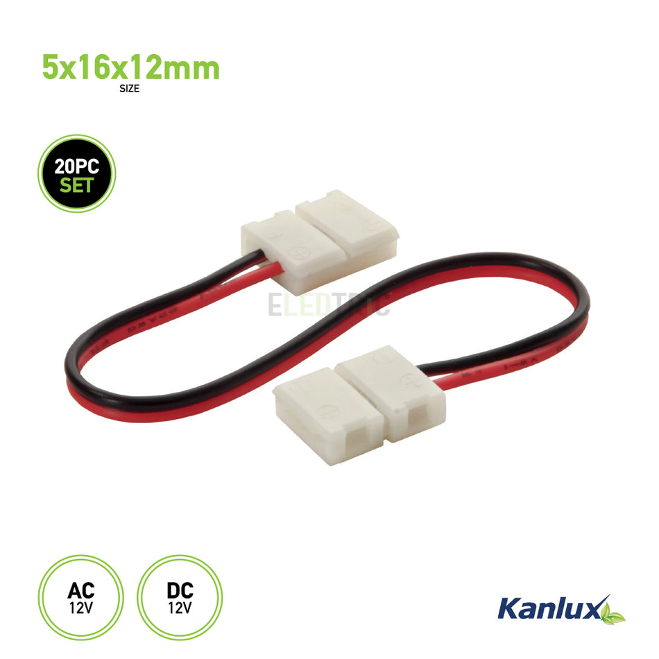 The KANLUX Connector 8-CPC for LED Modules features white connectors linked by red and black wires, with dimensions of 5x16x12mm. It is designed for 12V AC/DC power and is available in a handy pack of 20 pieces.