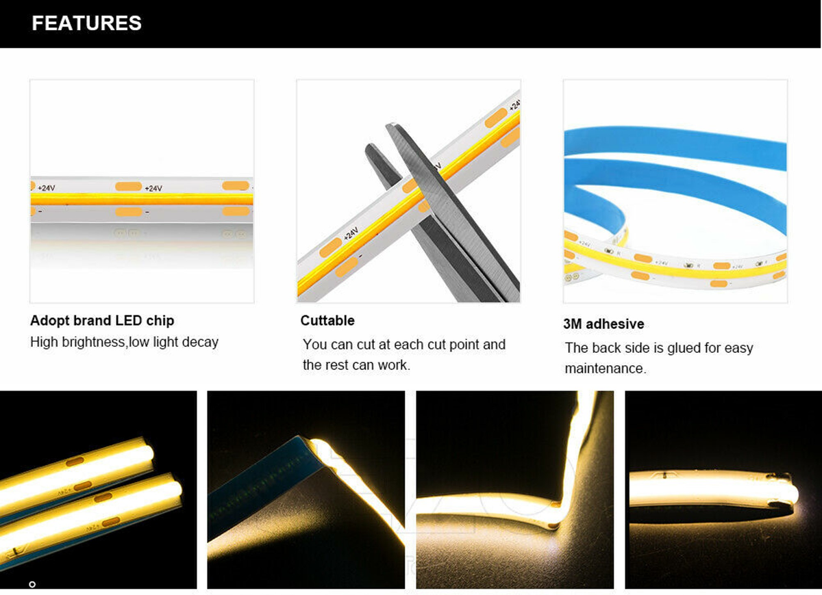 Warm White 3000K FLEXIBLE COB LED STRIP LIGHTS - Eledtric