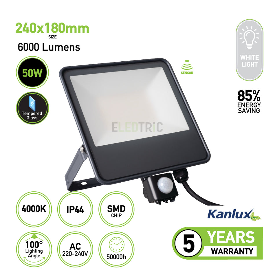 KANLUX 50W White 4000K LED Floodlight with Motion Detector