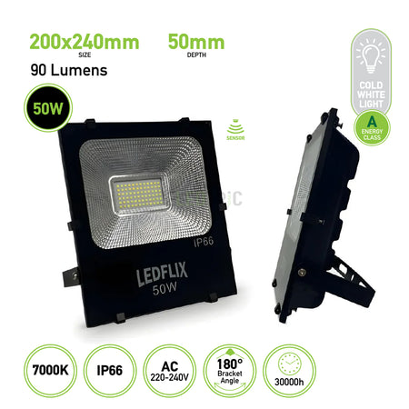 Introducing the LEDFLIX LED Floodlights IP66, 50W with Cold White and sensor. This floodlight has a size of 200x240mm and a depth of 50mm, delivering an impressive output of 90 lumens at a sleek color temperature of 7000K. Featuring energy efficiency class A and operating on 220-240V AC, its adjustable bracket allows for a versatile angle of up to 180°. With an IP66 rating for weather resistance, this product promises longevity with its robust lifespan of 30,000 hours.