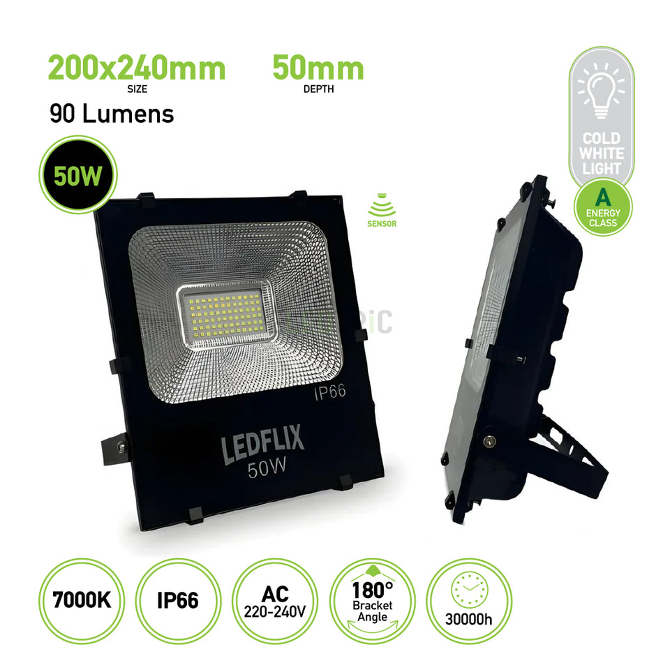 Introducing the LEDFLIX LED Floodlights IP66, 50W with Cold White and sensor. This floodlight has a size of 200x240mm and a depth of 50mm, delivering an impressive output of 90 lumens at a sleek color temperature of 7000K. Featuring energy efficiency class A and operating on 220-240V AC, its adjustable bracket allows for a versatile angle of up to 180°. With an IP66 rating for weather resistance, this product promises longevity with its robust lifespan of 30,000 hours.