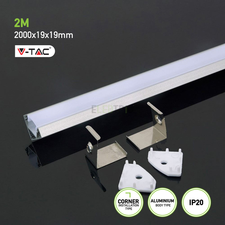 LED Strip Mounting Kit With Diffuser Aluminum 2000 x 19 x 19mm Milky