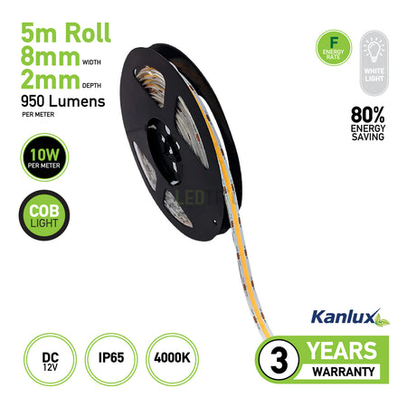 Image of a KANLUX Linear LED Modules 12v LED COB product, featuring advanced LED COB technology. This 5m roll, with an 8mm width and 2mm depth, offers an impressive luminous efficiency of 950 lumens. Operating at 10W per meter, it boasts an IP65 rating and a balanced color temperature of 4000K, providing robust energy savings of up to 80%.
