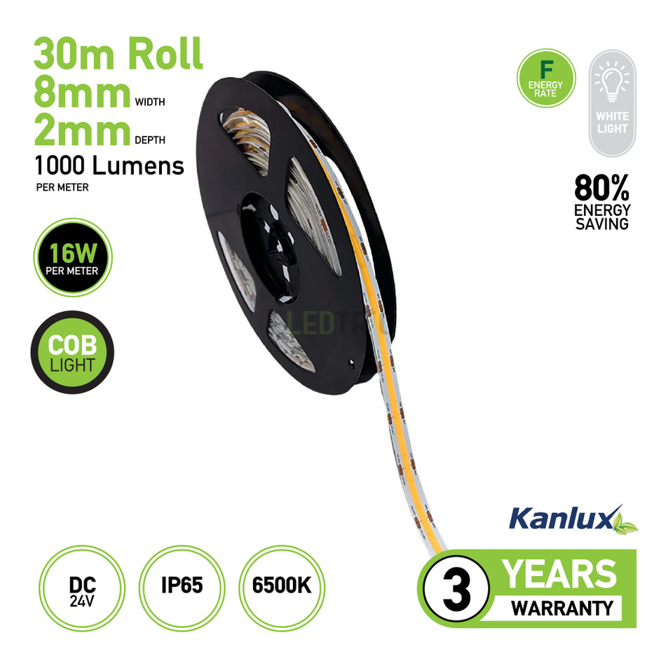 The KANLUX Linear LED Modules 24V LED COB offers a remarkable 30m roll with dimensions of 8mm in width and 2mm in depth. This energy-efficient light delivers 1000 lumens at a power consumption of just 16W per meter, utilizing cutting-edge COB technology. With an IP65 rating for protection and powered by DC 24V, it provides a reliable energy-saving solution supported by a 3-year warranty.
