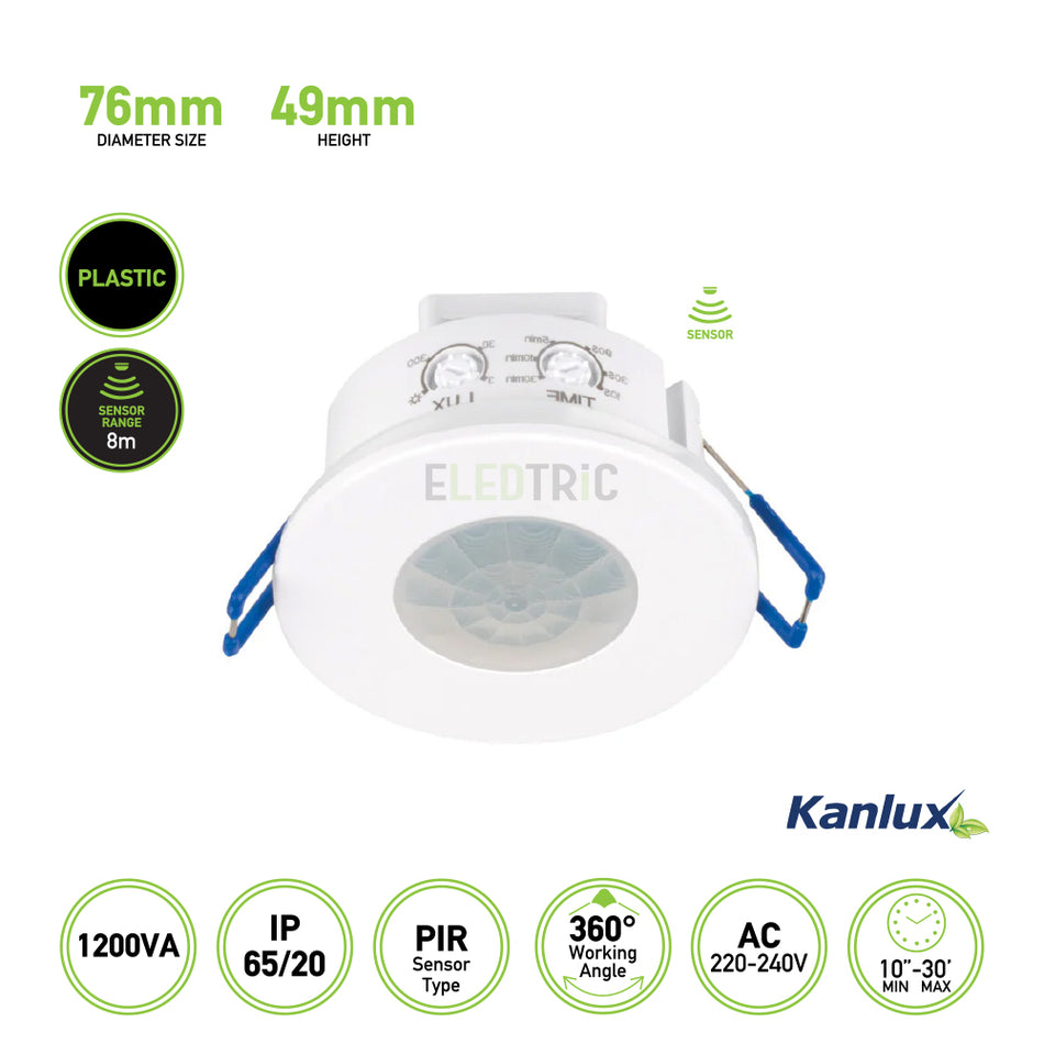The KANLUX PIR Motion Movement Sensor is made from durable plastic, featuring a diameter of 76mm and a height of 49mm. It has an impressive sensor range of 8 meters and supports up to 1200VA in power capacity. The sensor offers an IP rating of IP65/20, provides full coverage with a 360° working angle, and is compatible with AC systems ranging from 220-240V.