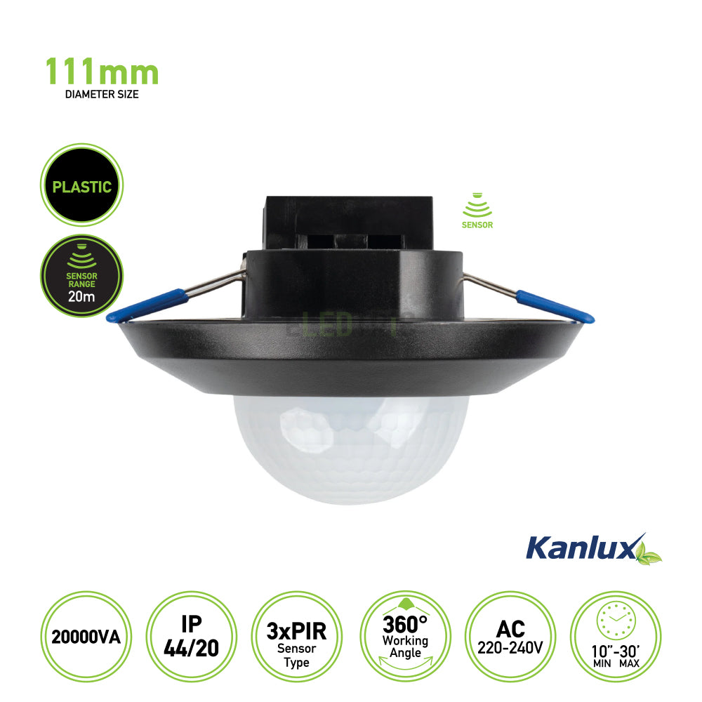 The chic black PIR Motion Sensor Presence Detector by KANLUX is a round ceiling light with a 111mm diameter, featuring a plastic sensor that covers a 20m range and 360° angle. It includes an efficient Presence Detector for precise lighting control, boasts an IP44/20 rating, operates on 220-240V AC, and offers an adjustable timer ranging from 10-30 minutes.