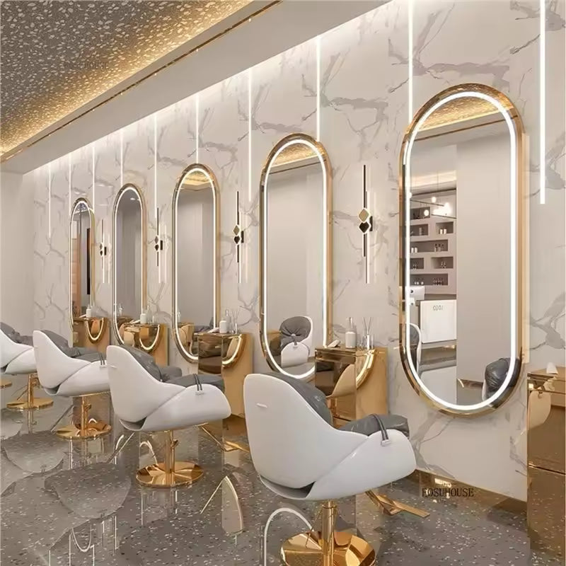 x2 Modern Wall Mounted Touch Screen Hairdressing Mirrors Luxury Hair Salon Furniture Barber Shop Mirror Station with Led Light