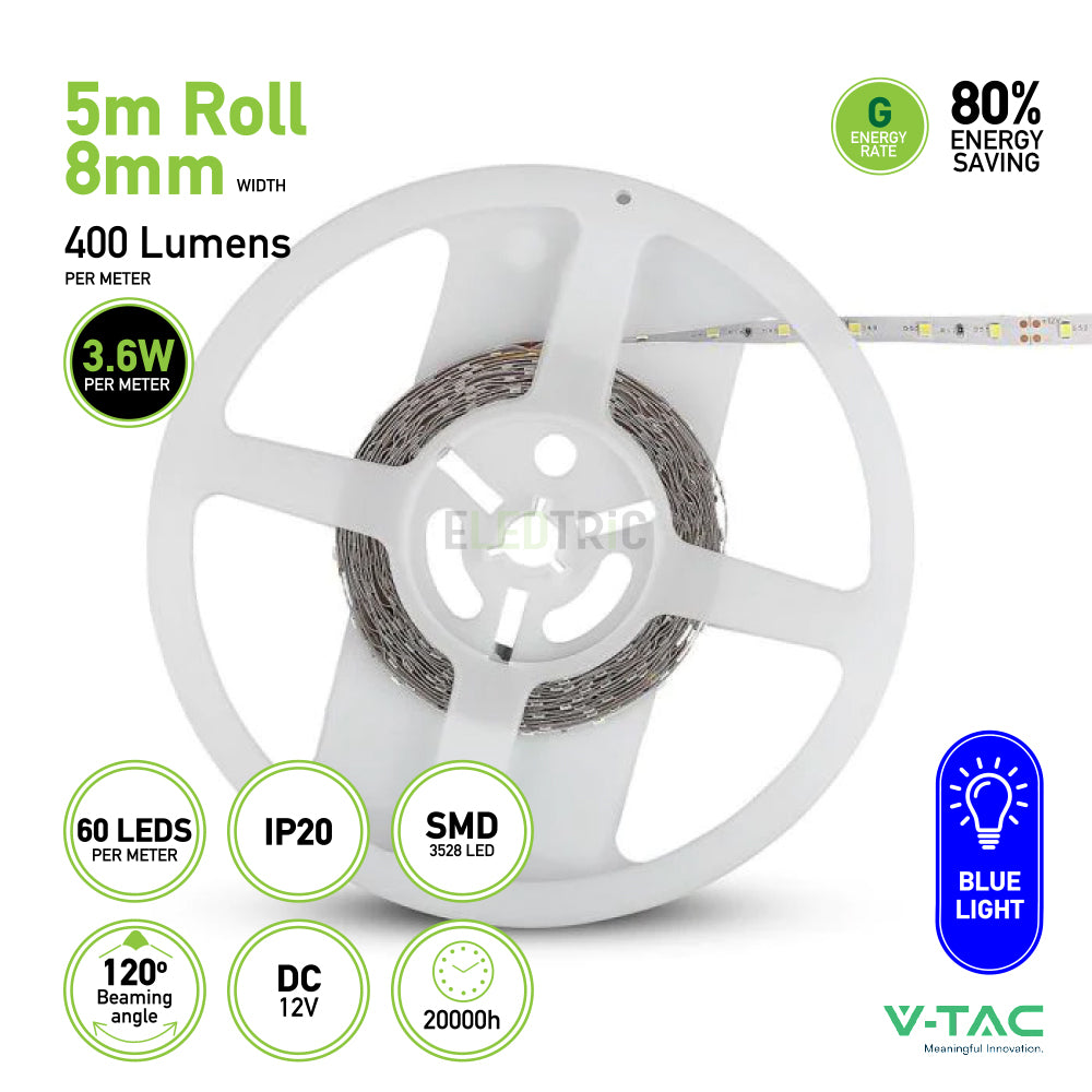 Image of the V-TAC SMD 3528 LED Strip Light 5m Roll in a choice of green, red, or blue, featuring an 8mm wide flexible ribbon design with advanced SMD technology. It offers 400 lumens per meter, consumes just 3.6W per meter and includes 60 LEDs per meter with an IP20 rating for indoor use. Enjoy optimal lighting with V-TAC's energy-efficient solution that provides remarkable longevity and cost savings.