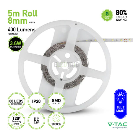 Image of the V-TAC SMD 3528 LED Strip Light 5m Roll in a choice of green, red, or blue, featuring an 8mm wide flexible ribbon design with advanced SMD technology. It offers 400 lumens per meter, consumes just 3.6W per meter and includes 60 LEDs per meter with an IP20 rating for indoor use. Enjoy optimal lighting with V-TAC's energy-efficient solution that provides remarkable longevity and cost savings.