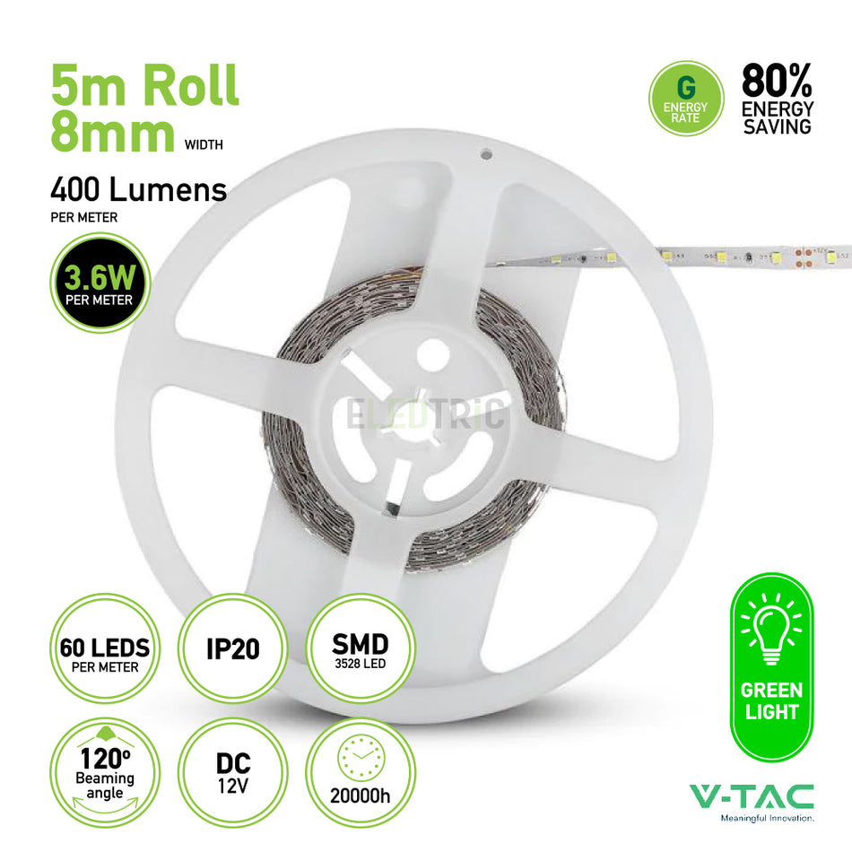 A 5-meter roll of V-TAC SMD 3528 LED Strip Light by V-tac provides a flexible ribbon design that emits 400 lumens per meter using SMD technology. It consumes 3.6W per meter, has an IP20 rating, a 120° beam angle, operates on 12V DC, and offers an impressive lifespan of 20,000 hours with an energy saving of 80%. Available in green, red, and blue colors.