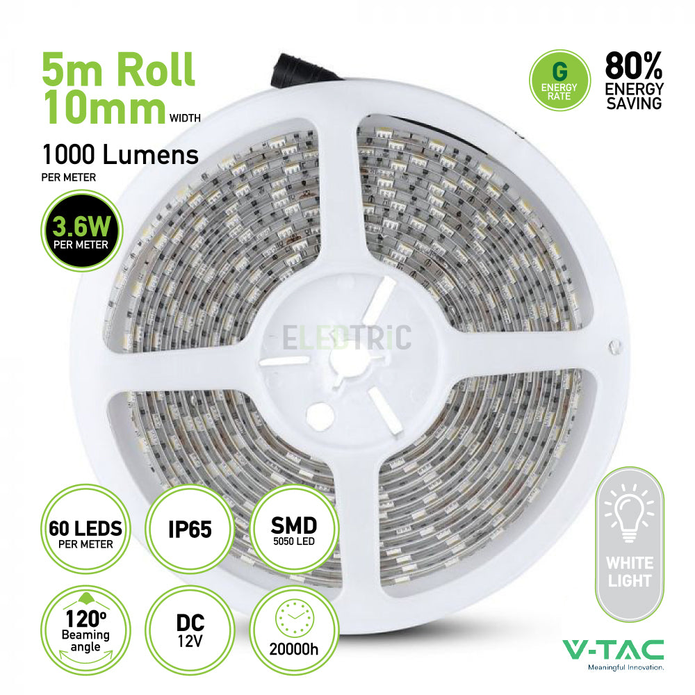 Illuminate your space with the V-TAC IP65 SMD 5050 LED Strip Light 5m Roll, offering vibrant RGB options and a bright white light at 6400K. This strip features 60 LEDs per meter, delivering 1000 lumens of brightness while saving 80% energy. With an IP65 rating and a lifespan of 20,000 hours, it's perfect for enhancing any environment.