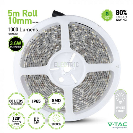 Illuminate your space with the V-TAC IP65 SMD 5050 LED Strip Light 5m Roll, offering vibrant RGB options and a bright white light at 6400K. This strip features 60 LEDs per meter, delivering 1000 lumens of brightness while saving 80% energy. With an IP65 rating and a lifespan of 20,000 hours, it's perfect for enhancing any environment.