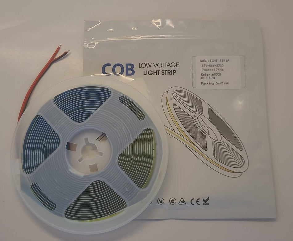 COB LOW VOLTAGE LIGHT STRIP 12V 8mm - 320D 6000k 5M ROLL IP20 Waterproof