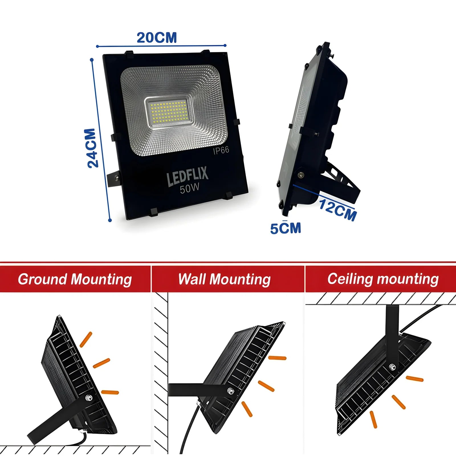 LED Floodlights IP66, 50W with Cold White